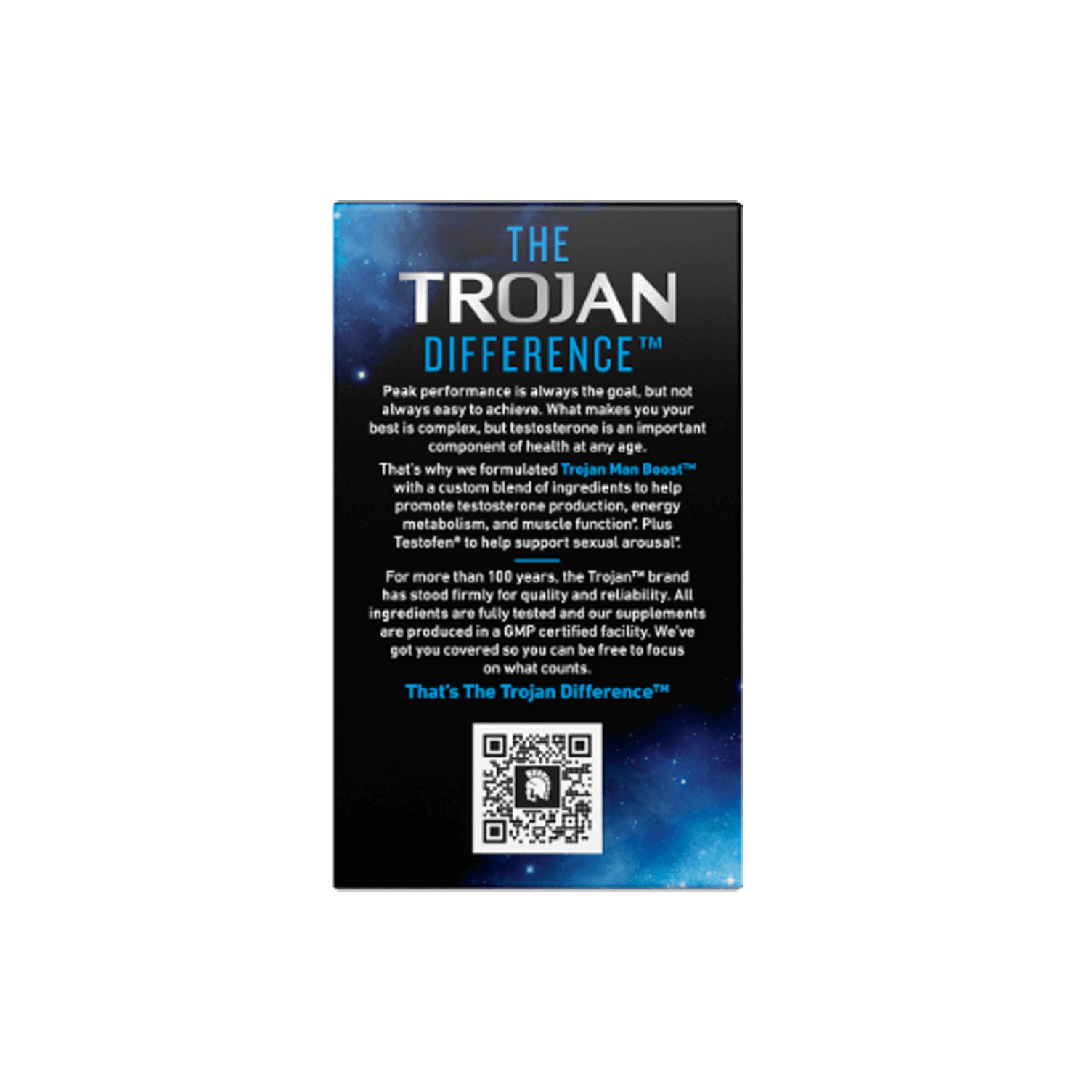 Supplement fact label for Trojan™ Man Boost Supplement.