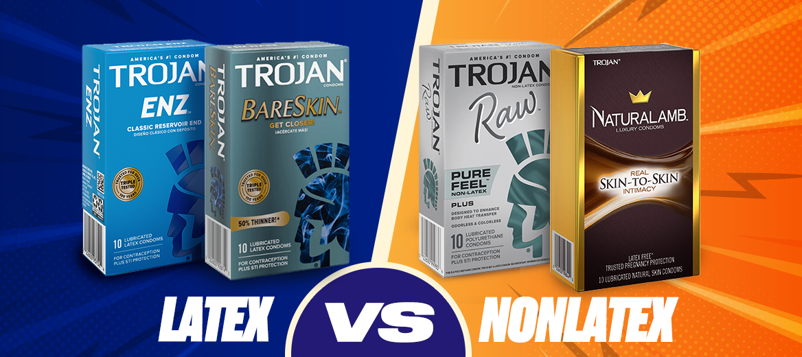 Side-by-side infographic showcasing Trojan latex and non-latex condoms.