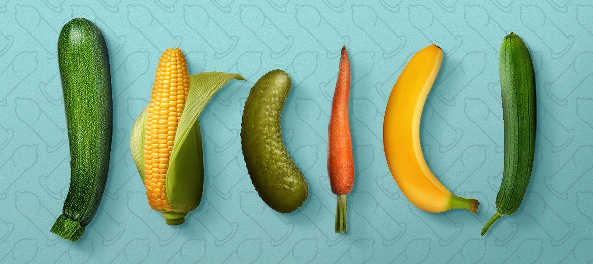 Different vegetables symbolizing different types of curved penises.