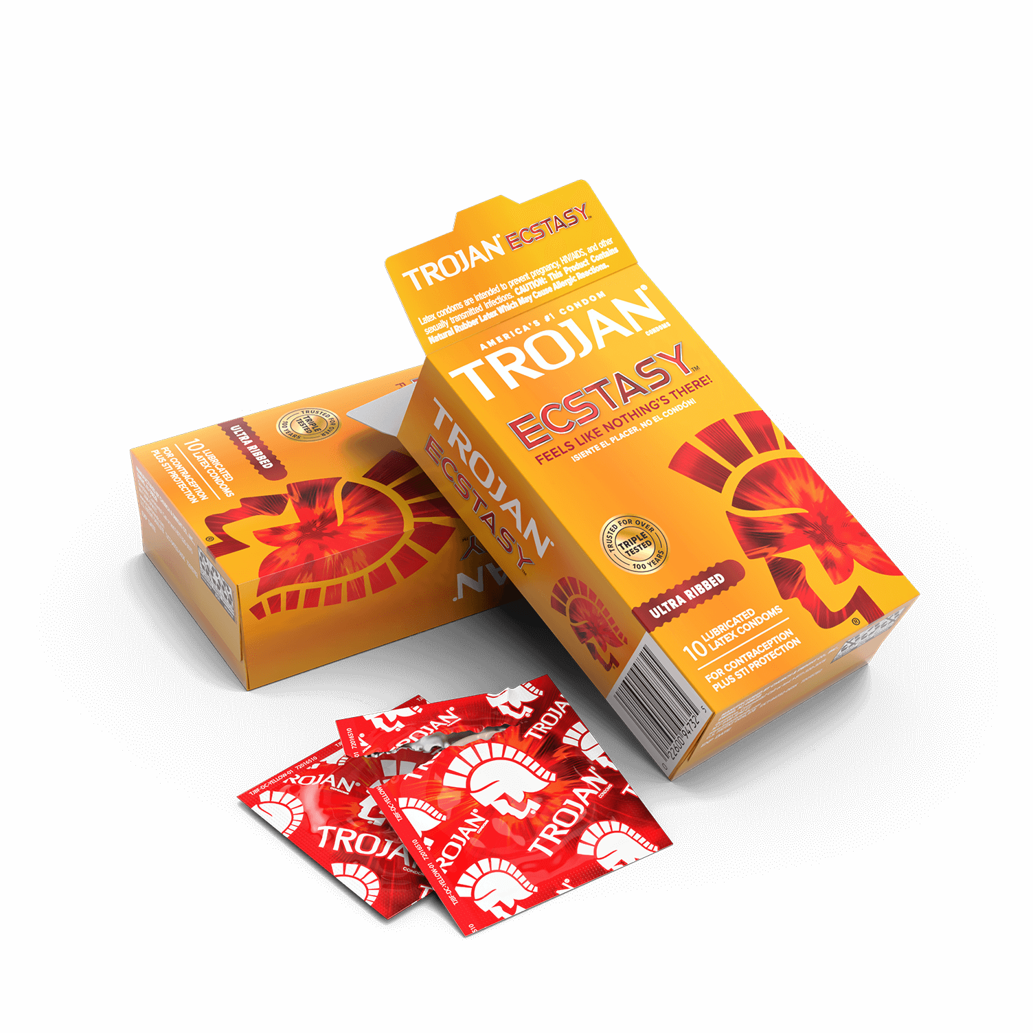 Trojan Ecstasy Ultra Ribbed Condom package and wrapper.